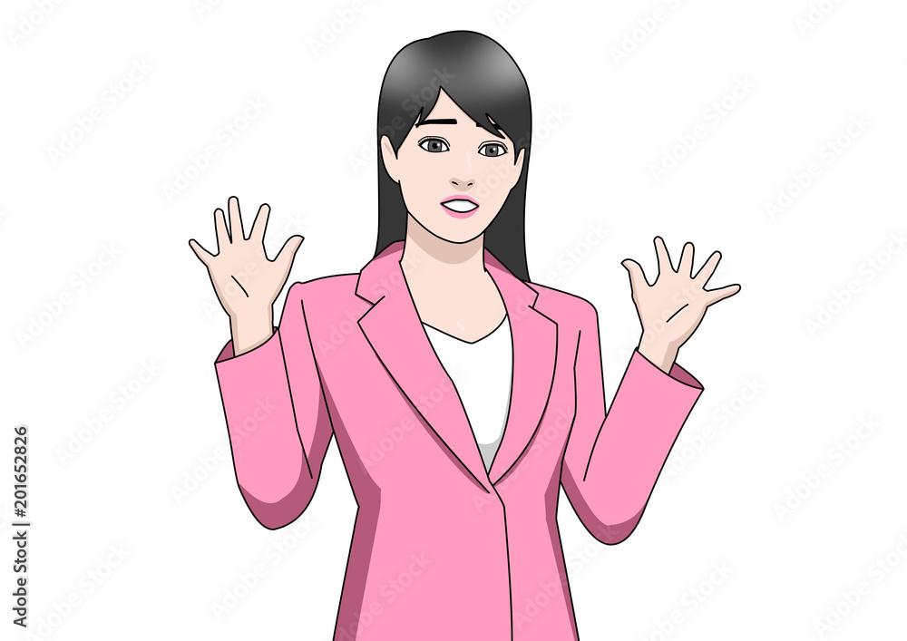 ビジネス アジア 女性 スーツ ピンク 両手を上げる 驚く 困り顔 Stock イラスト Adobe Stock