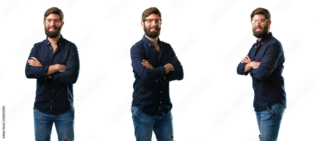 Young man with beard with crossed arms confident and happy with a big natural smile laughing isolated over white background