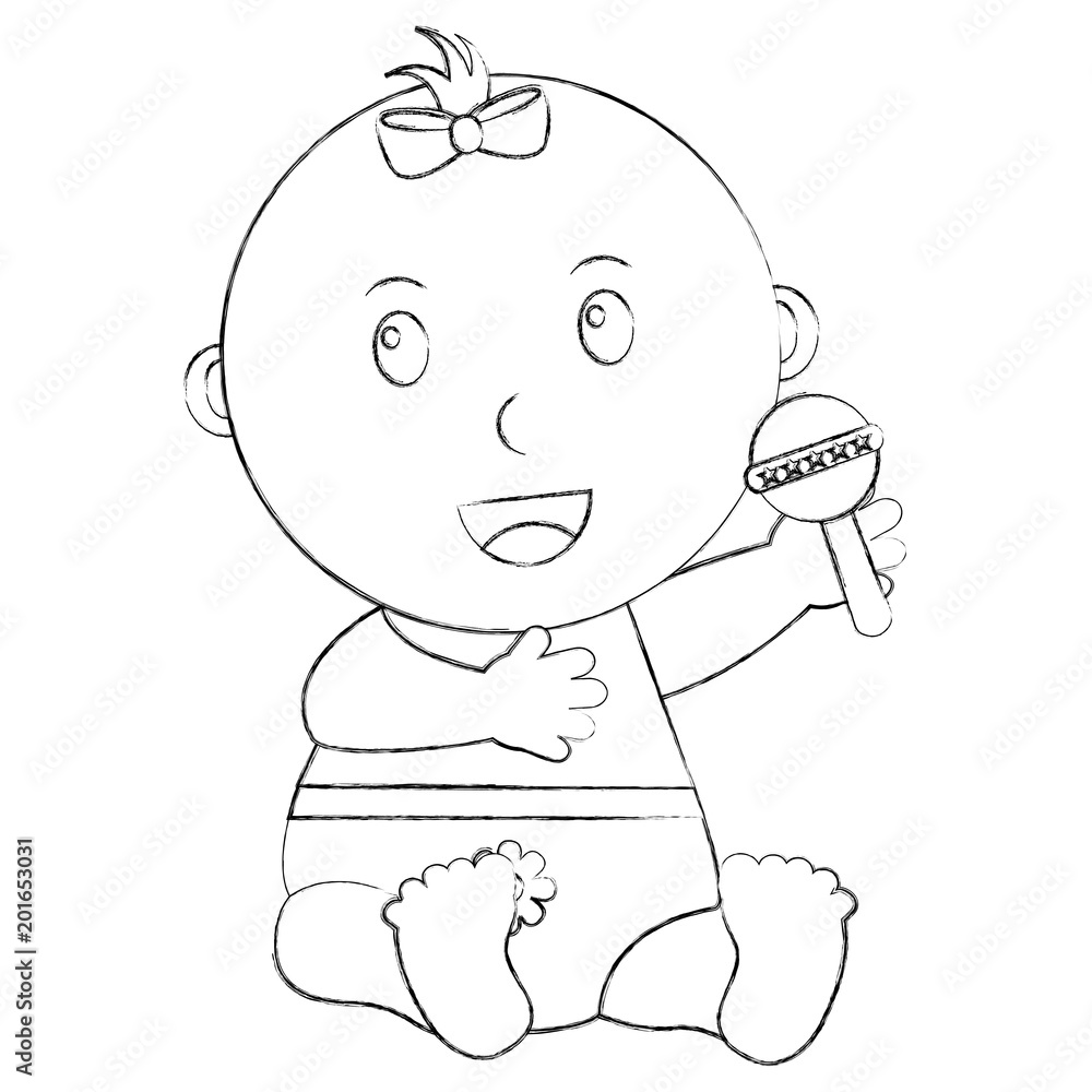 cute little baby girl sitting holding toy rattle vector illustration sketch cute little baby girl sitting holding toy rattle vector illustration sketch