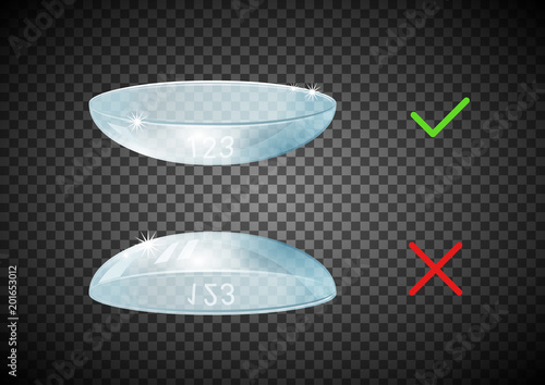 Contact Lenses. Correct position and incorrect. Realistic isolated on transparent background. Vector illustration