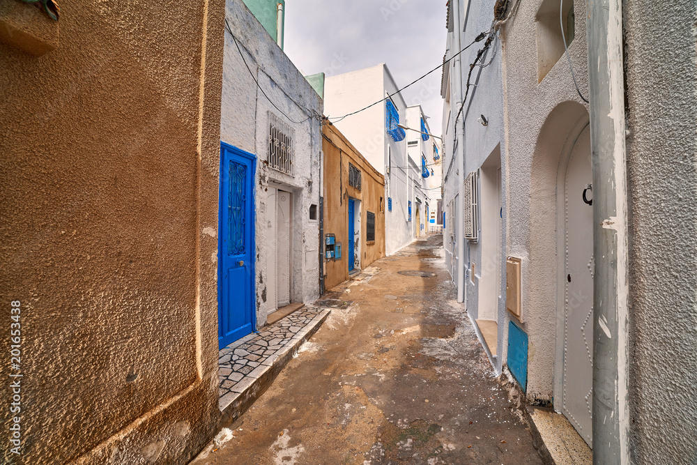 Typical Hammamet city street with civil buildings. Tunis, north Africa.