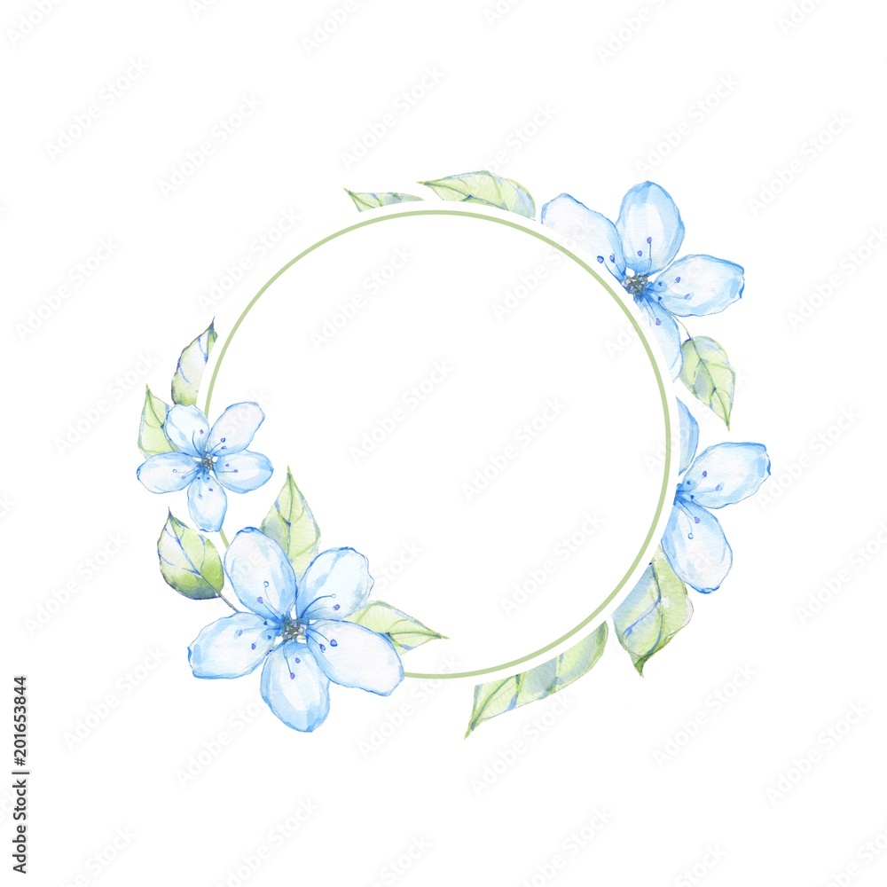 Watercolor floral frame 8. Element for design. Watercolor background with blue flowers