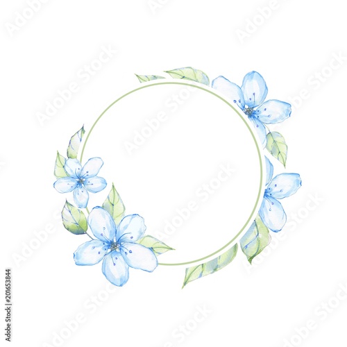Watercolor floral frame 8. Element for design. Watercolor background with blue flowers
