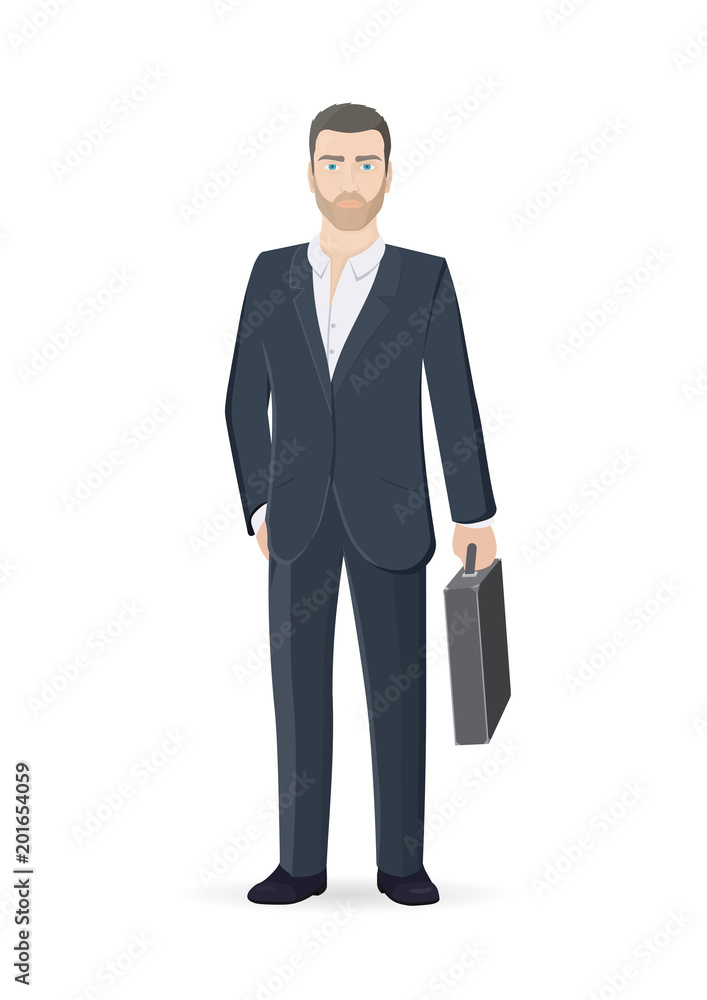 Businessman with suitcase isolated on white background. Bearded stylish man. Vector flat Illustration. Businessman with suitcase isolated on white background. Bearded stylish man. Vector flat Illustration.