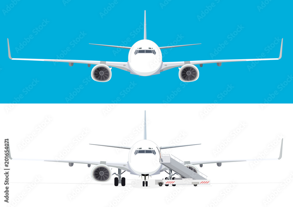 White airplane isolated on white and blue background. Plane in flight and plane stands with a ladder. Vector illustration. White airplane isolated on white and blue background. Plane in flight and plane stands with a ladder. Vector illustration.