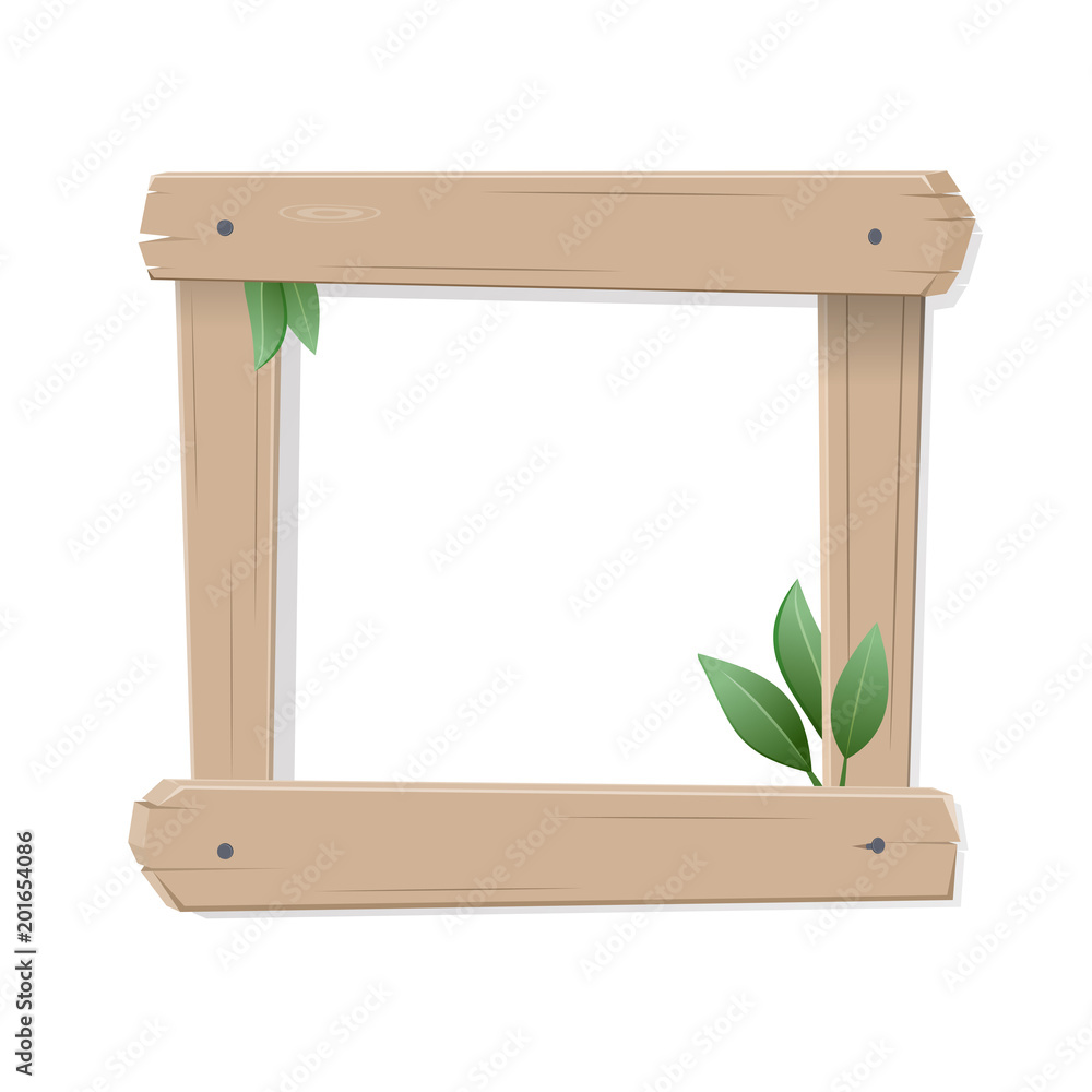 Wooden frame with leaf isolated on white background. Vector Illustration.