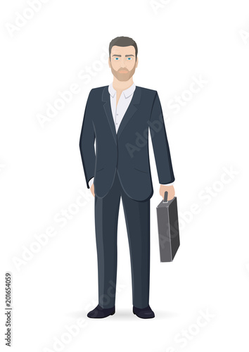 Businessman with suitcase isolated on white background. Bearded stylish man. Vector flat Illustration.