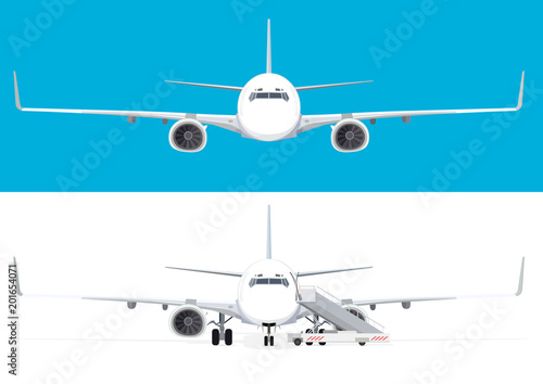 White airplane isolated on white and blue background. Plane in flight and plane stands with a ladder. Vector illustration.