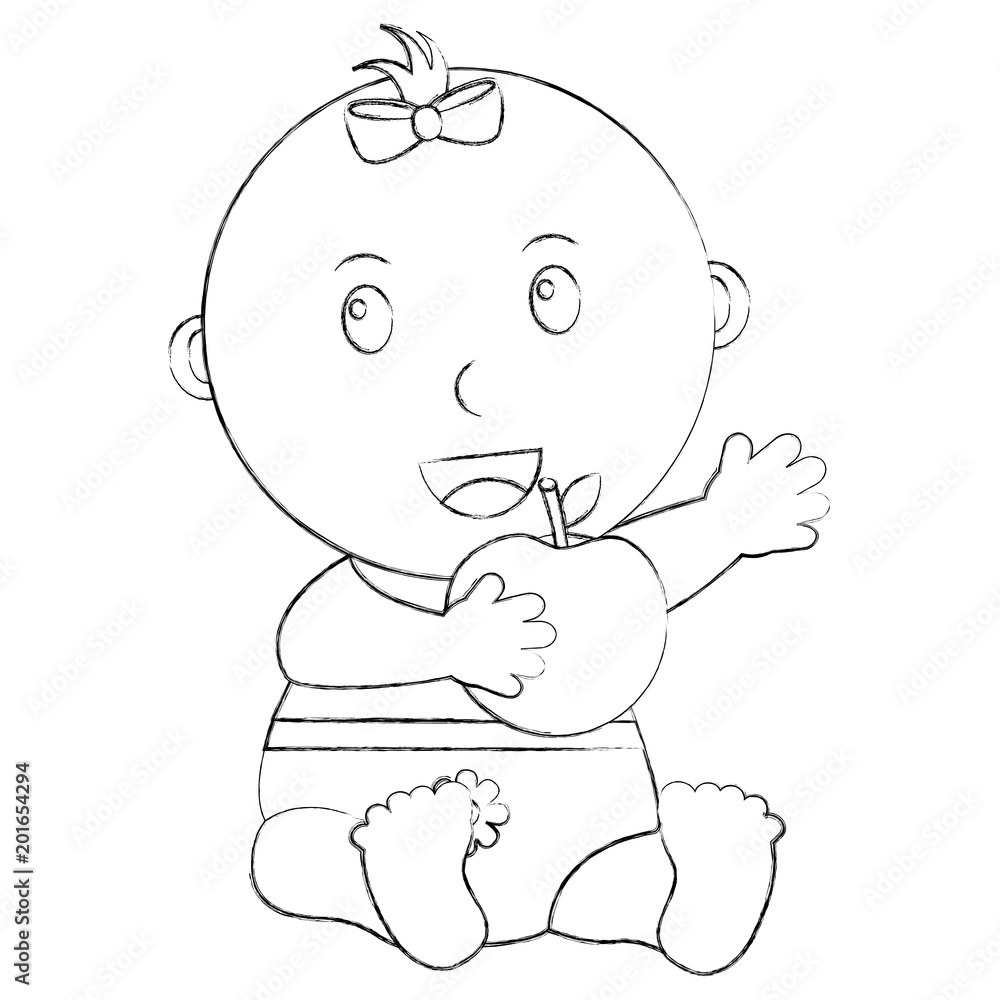 cute little baby sitting with fresh apple vector illustration sketch cute little baby sitting with fresh apple vector illustration sketch