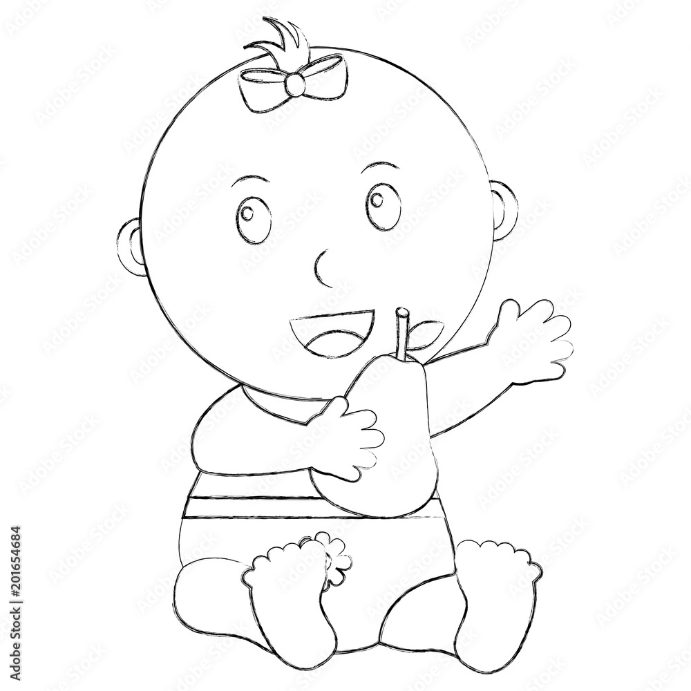 cute little baby girl sitting with a pear fruit vector illustration sketch