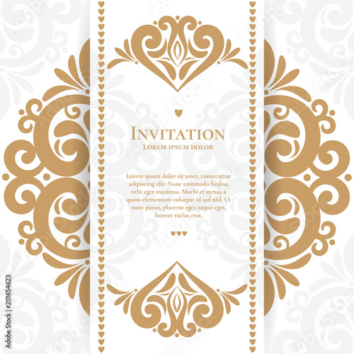 Gold vintage greeting card on a white background. Luxury ornament template. Mandala. Great for invitation, flyer, menu, brochure, postcard, background, wallpaper, decoration, or any desired idea