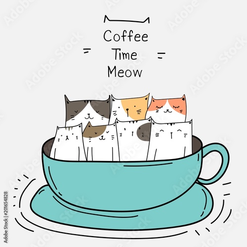 Plakat Słodkie koty w filiżance. Ilustracja wektorowa czas kawy.