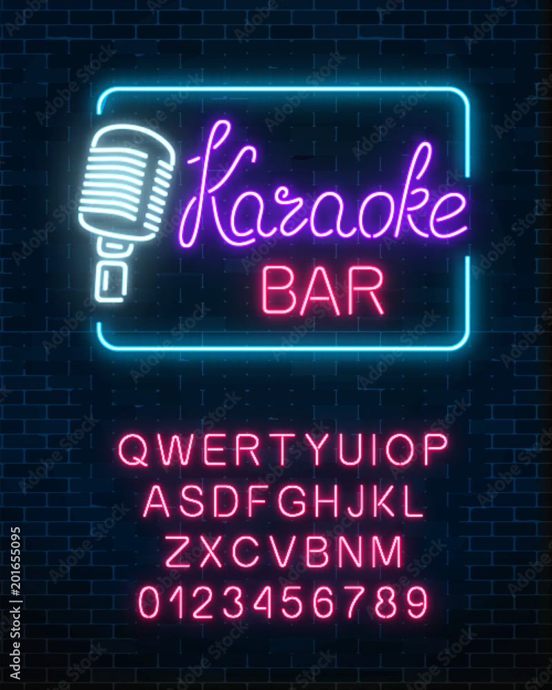 Fototapeta premium Neon signboard of karaoke music bar with alphabet. Glowing street sign of a nightclub with live music.