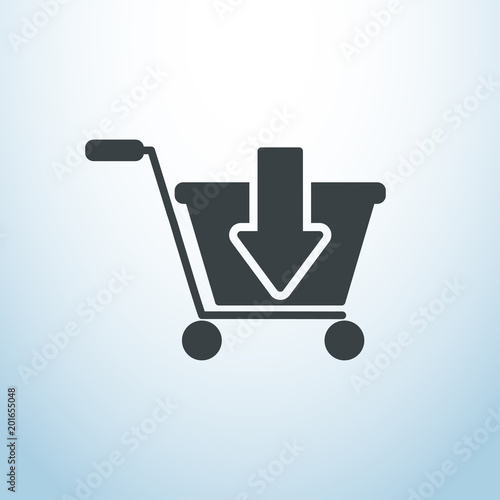 black shopping cart with black down arrow sign. Simple icon isolated on white background. Store trolley. Flat vector Illustration. Good for web and mobile design. photo