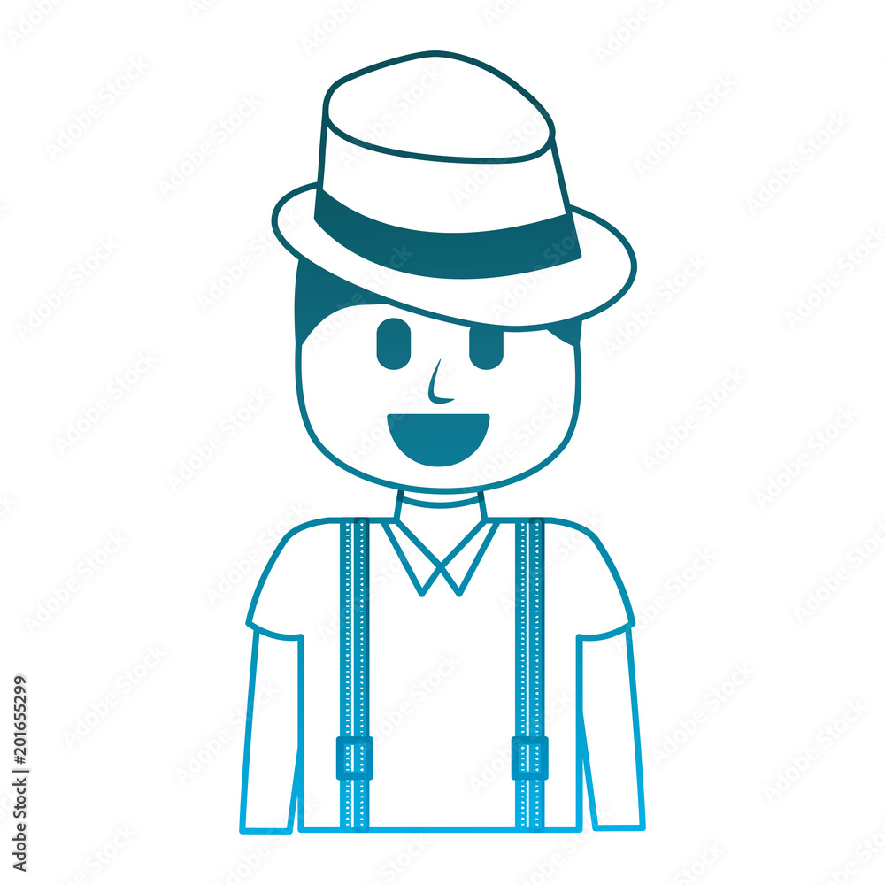 hipster man wearing hat and suspenders vector illustration degraded blue color hipster man wearing hat and suspenders vector illustration degraded blue color