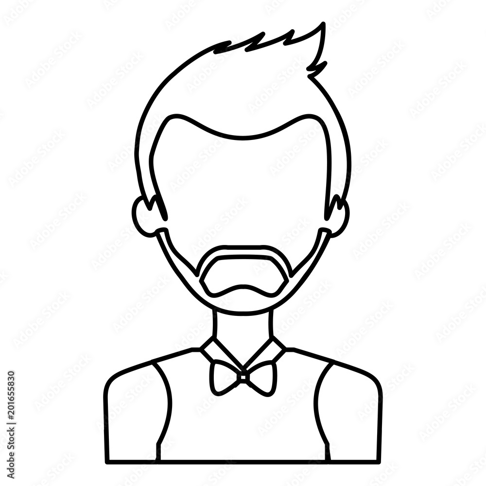 portrait bearded man character wearing bow tie vector illustration outline