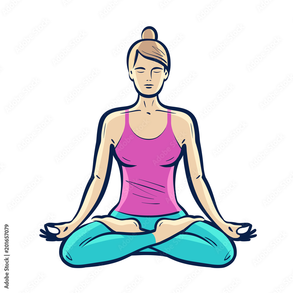 Happy girl sitting in lotus pose. Yoga, fitness concept. Vector illustration Happy girl sitting in lotus pose. Yoga, fitness concept. Vector illustration