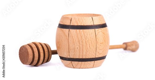 Honey stick and jar wooden, isolated on white background. photo