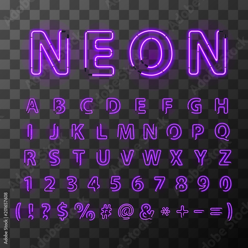Bright ultraviolet neon letters. Neon letters font on transparent background. Letters compiled from neon tubes.