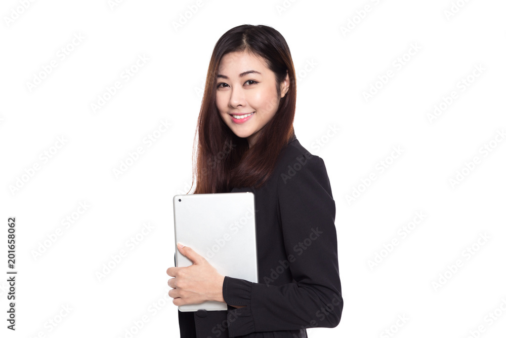 Young professional businesswoman smiling holding digital tablet isolated on white background, Asian woman Young professional businesswoman smiling holding digital tablet isolated on white background, Asian woman