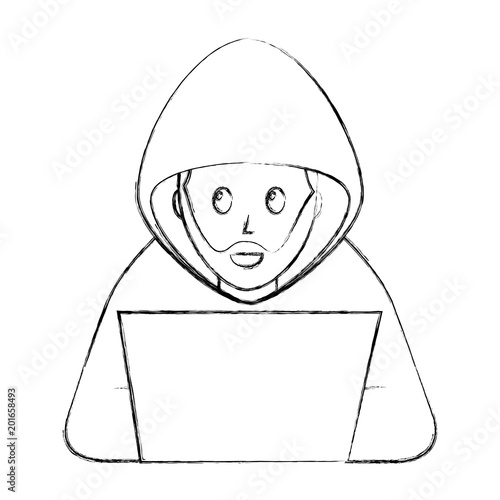 cyber security hacker beard character crime laptop computer vector illustration sketch