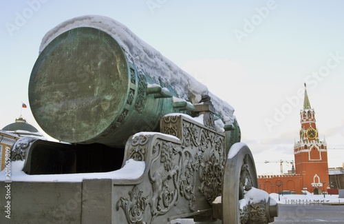 Architecture of Moscow Kremlin. King Cannon. Popular landmark. Color winter photo.