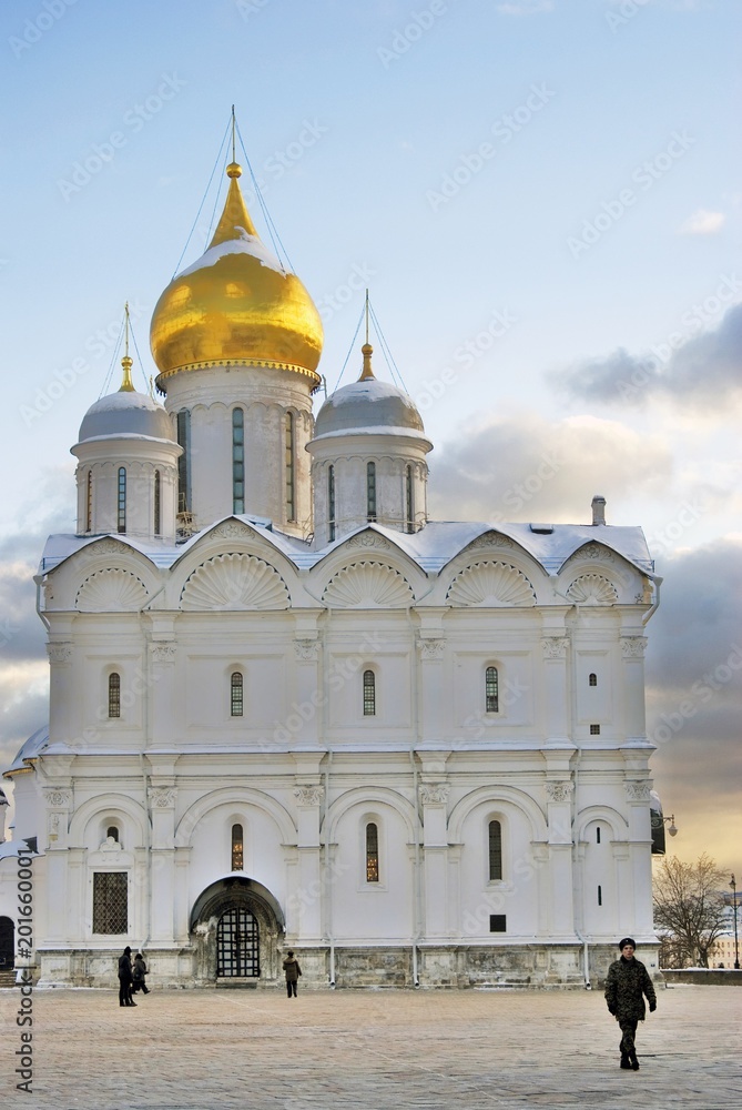 Architecture of Moscow Kremlin. Archangels church. Popular landmark. Color photo.