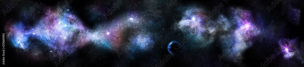 panorama of the universe and galaxies, cosmic landscape with the planet