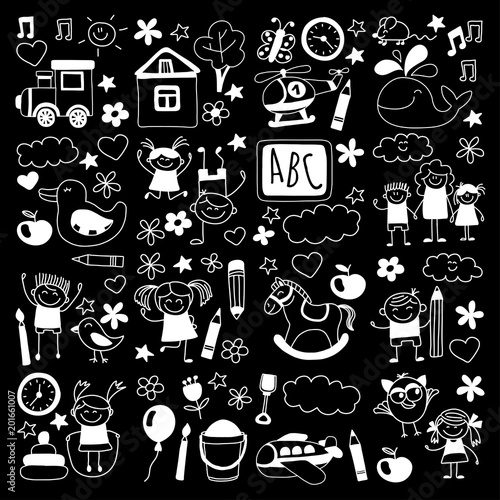 Vector doodle pattern with kindergarten children. Play, study and grow together. Boys and girls. Preschool education. Nursery. School. Toys and clothing. Kids drawing style image