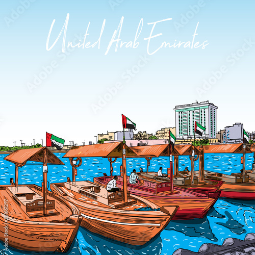 Old traditional boats on the Bay Creek in Dubai, United Arab Emirates, UAE. Hand drawn sketch. Piers of traditional water taxi in Deira area. Famous tourist destination. Vector.