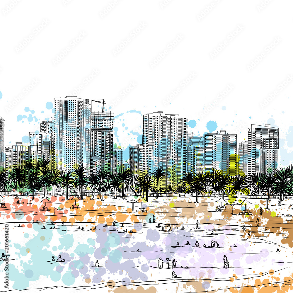 Obraz premium Watercolor splash sketch of Marina Dubai UAE. City and beach coast with sand beaches and people swimming at United Arab Emirates. Illustration. Vector.