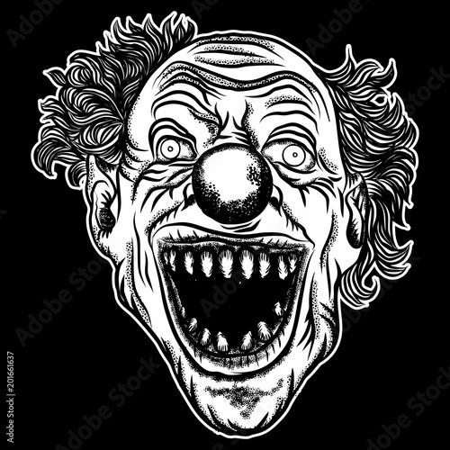 Halloween devil scary clown front head. Smiling clown monster with big eyes and wide angry smile. Blackwork adult tattoo flash line style and poster, print, t-shirt concept design. Vector.
