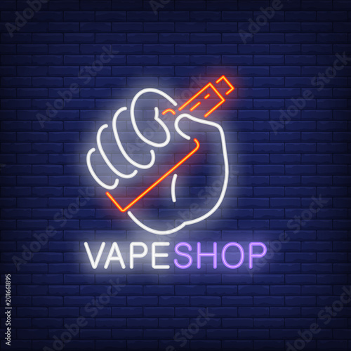 Vape shop neon sign. Hand holding electronic cigarette on brick wall. Night bright advertisement. Vector illustration in neon style for smoking and habit