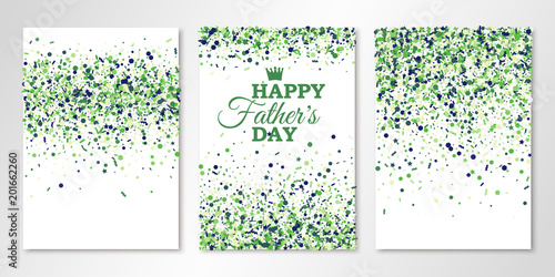 Banners set with green confetti on white. Vector flyer design templates for Fathers Day invitation cards, brochure design, certificates. All layered and isolated