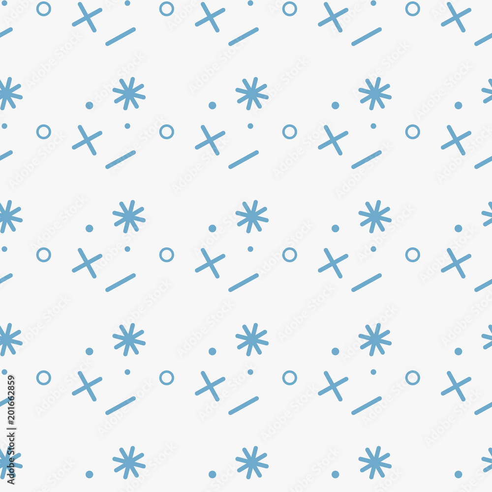 Universal vector fashion geometric seamless pattern. Flat repeated trendy math design elements in white, blue, style. Universal vector fashion geometric seamless pattern. Flat repeated trendy math design elements in white, blue, style.