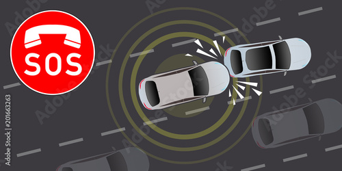 adi59 AutonomousDrivingIllustration - german: Verkehrsunfall / SOS / Telefonhörer - Unfallmanagement / Notrufsystem - english: car accident / emergency call system - accident management - 2to1 g6039 photo