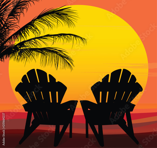 Vector silhouetted chairs and palms in front of a large yellow, orange, gold sun with colorful background.