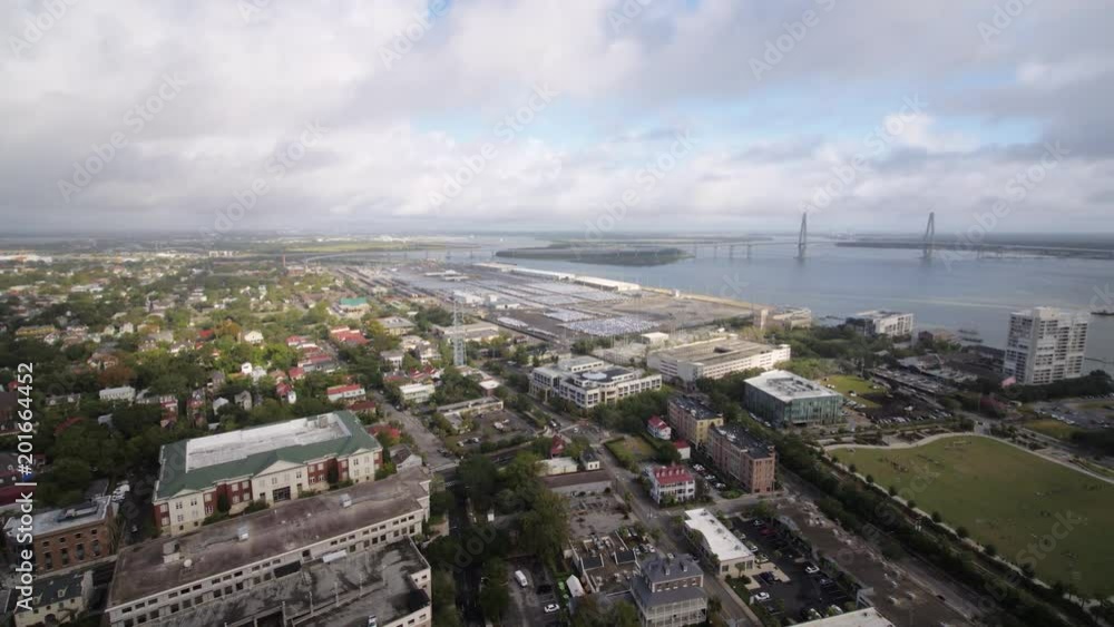 South Carolina Charleston Aerial v21 Birdseye view of French Quarter neighborhood panning toward Cooper River� 10/17 South Carolina Charleston Aerial v21 Birdseye view of French Quarter neighborhood panning toward Cooper River� 10/17