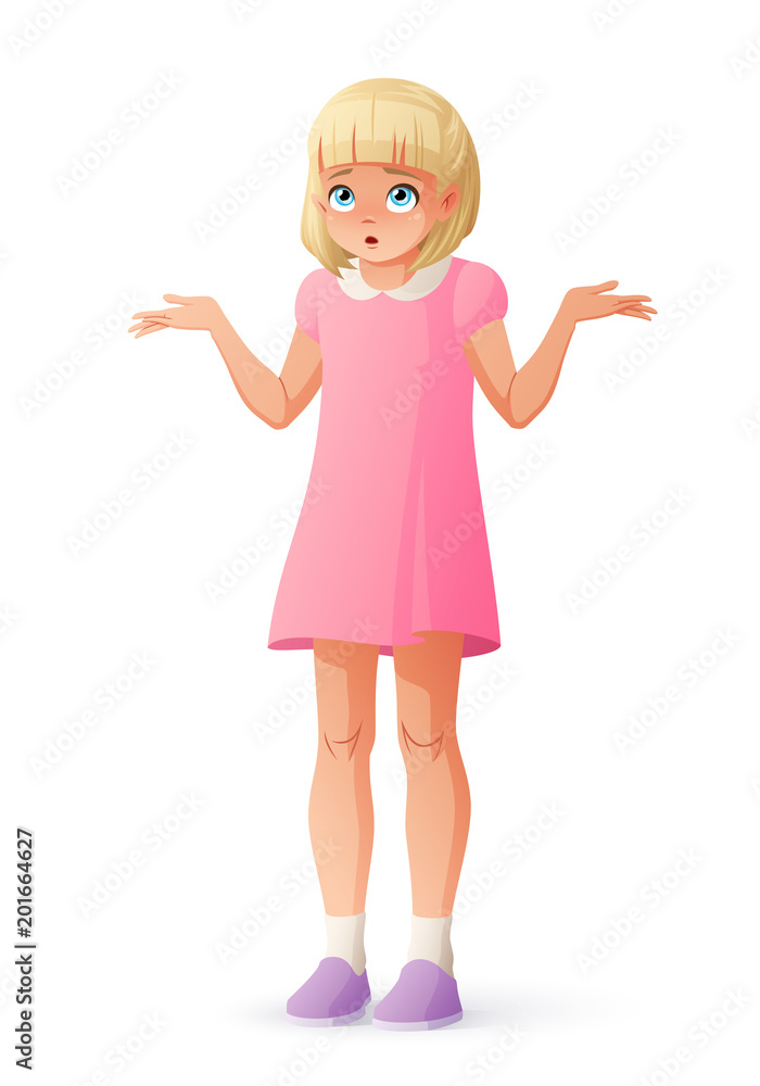 Surprised young girl shrugging shoulders. Isolated vector illustration. Surprised young girl shrugging shoulders. Isolated vector illustration.