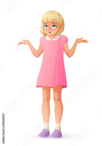 Surprised young girl shrugging shoulders. Isolated vector illustration.