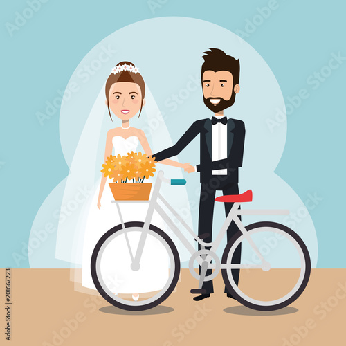 just married couple in bicycle avatars characters vector illustration design