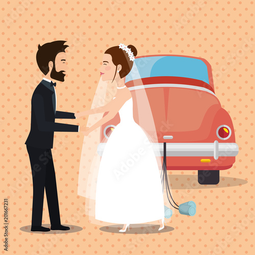 just married couple with car avatars characters vector illustration design