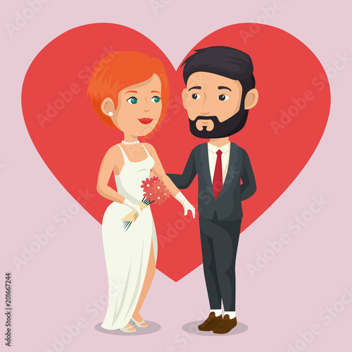 just married couple with hearts avatars characters vector illustration design