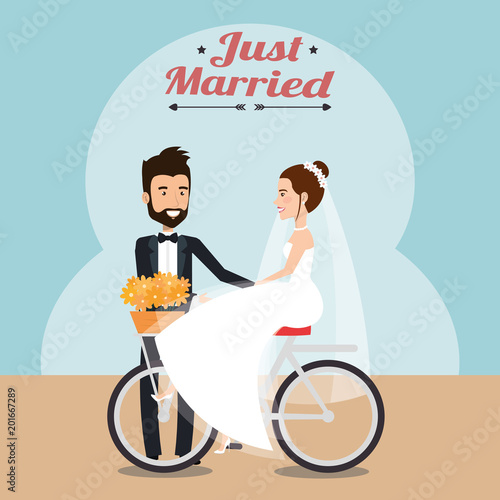 just married couple in bicycle avatars characters vector illustration design