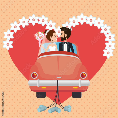 just married couple with car avatars characters vector illustration design