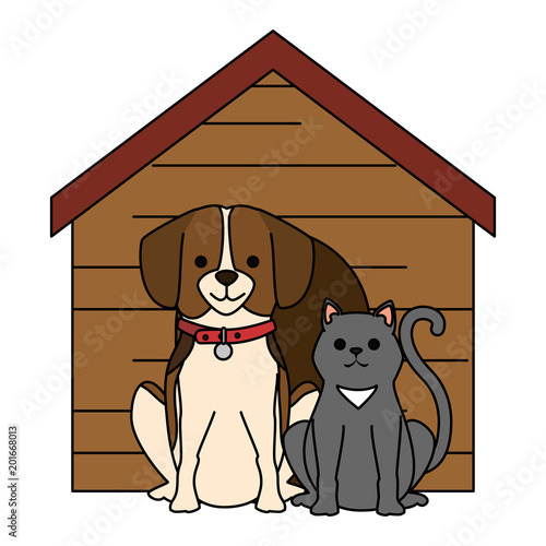 cute dog and cat with wooden house characters vector illustration design