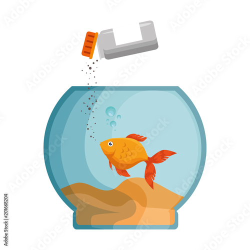 aquarium bowl with colors fish and bottle food vector illustration design
