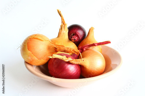 Red and yellow onions on a plate. Close-up. Isolated.