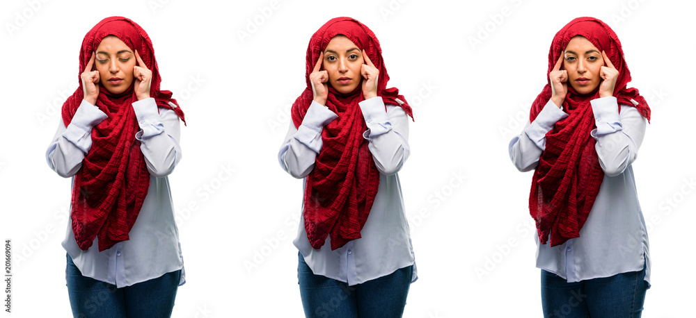 Arab woman wearing hijab doubt expression, confuse and wonder concept, uncertain future isolated over white background