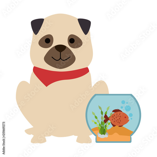 aquarium bowl with colors fish and dog vector illustration design